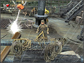 The third group of destroyable crates can be found on your right, near the second staircase (#1) - Final mission - part 1 - FINAL MISSION - Maelstrom - Pirates of the Caribbean: At Worlds End - Game Guide and Walkthrough