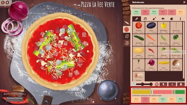 Reach a desired rating and go to another tab where you can see your pizzas recipe [1], overall rating [3] and sales price - Creating a pizza and menu | Beginners Guide - Beginners Guide - Pizza Connection 3 Game Guide