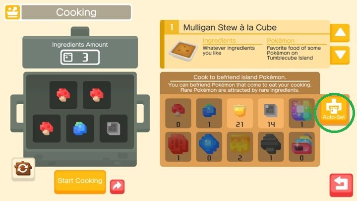 If you do not want to choose the ingredients yourself, just click on the Auto-Set button marked on the screen above - Recipes in Pokemon Quest (Pokemon creation) - Pokemon training - Pokemon Quest Game Guide