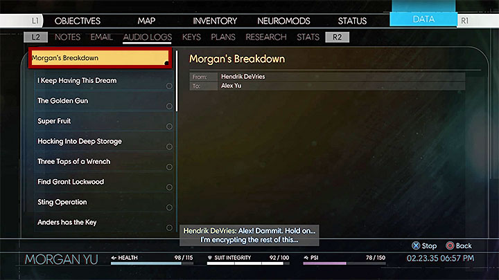 Dont leave the station yet - visit the Files tab and download DeVries Decryption Key - Talos I Lobby | Side Quests - Side Quests - Prey Game Guide
