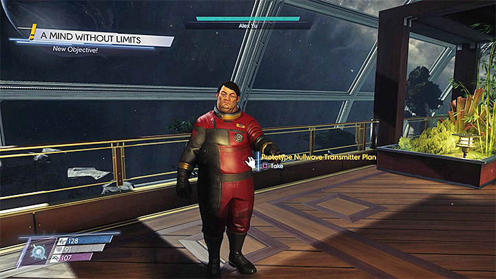 You can either receive the fabrication plan from Alex or pick it up from his body - A Mind Without Limits | Main Story - Main Story - Walkthrough - Prey Game Guide