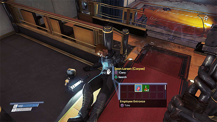 You can find the access card by examining Sean Larsens corpse - Through a Glass Darkly | Main Story - Main Story - Walkthrough - Prey Game Guide