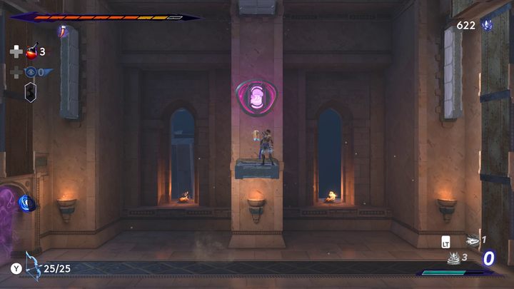 In the right chamber, grab the purple element with the Dimension Claw, then throw it into the opening above - Prince of Persia The Lost Crown: How to solve the puzzle in the Upper City? - FAQ - Prince of Persia The Lost Crown Guide
