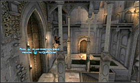 After the fight, look for a wall with stones, climb up and jump onto the nearest column - Walkthrough - The Palace Courtyard - Walkthrough - Prince of Persia: The Forgotten Sands - Game Guide and Walkthrough