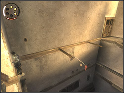 Go over the ledge to the wall on the left, then take off backwards to the direction of the horizontal bar with the red streamer - The Arena Tunnel - Walkthrough - Prince of Persia: The Two Thrones - Game Guide and Walkthrough