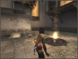 After the struggle lower from the rail and jump down to the backyard, kill the Sand Guard (speed kill) - The Balconies - Walkthrough - Prince of Persia: The Two Thrones - Game Guide and Walkthrough