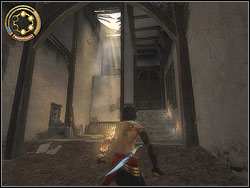 Jump down from the mezzanine to the courtyard and run as quick as possible to the direction of the door - The Balconies - Walkthrough - Prince of Persia: The Two Thrones - Game Guide and Walkthrough