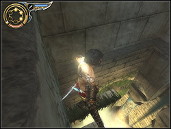 Wobbling at the end of the board, jump straight ahead between two convergent, parallel walls, where water is dribbling over - The Underground Cave - Walkthrough - Prince of Persia: The Two Thrones - Game Guide and Walkthrough