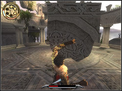Come up to the column, where the piece of the wall is hanging not high above - The Terrace - Walkthrough - Prince of Persia: The Two Thrones - Game Guide and Walkthrough
