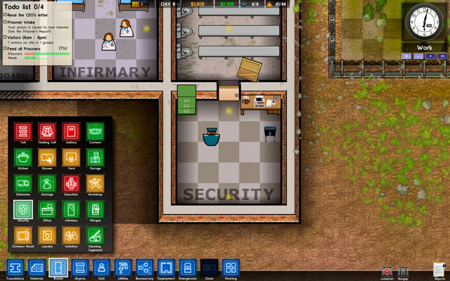 The Security always has at least one guard inside, so you can consider placing a Cctv Monitor inside which let you watch over prisoners with cctvs - Security - Rooms - Prison Architect - Game Guide and Walkthrough