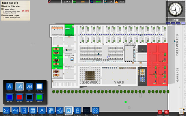 After choosing deployment, a special filter will appear, informing you of the safety zones in the prison (screen above) - Deployment - Prison Architect - Game Guide and Walkthrough