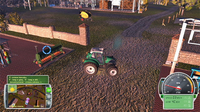 Reverse up and attach the seed drill. - Getting acquainted with the farm and first works - The Career Mode - Professional Farmer 2014 - Game Guide and Walkthrough