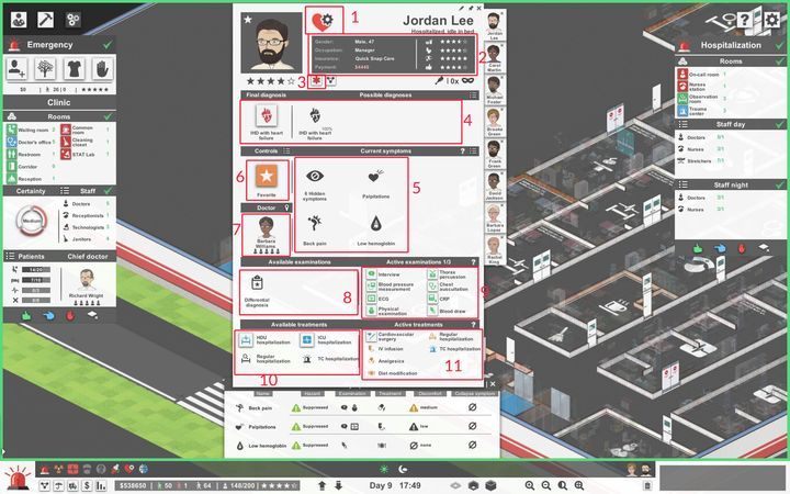 The picture shows the screen of the patients card - here you can see the patients treatment course and its assignment to a ward. - Patients Card in Project Hospital - Basics - Project Hospital Guide