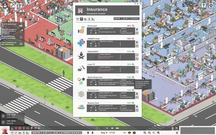 The screen of insurance company will allow you to see which insurer offers the largest coverage of treatment costs and what additional tasks you were given. - Reputation and finance in Project Hospital - Basics - Project Hospital Guide