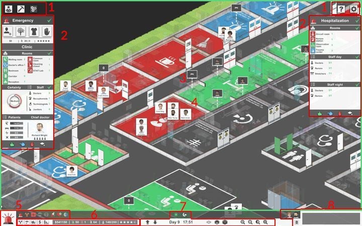 The picture shows the game interface hints. - Interface description for Project Hospital - Basics - Project Hospital Guide