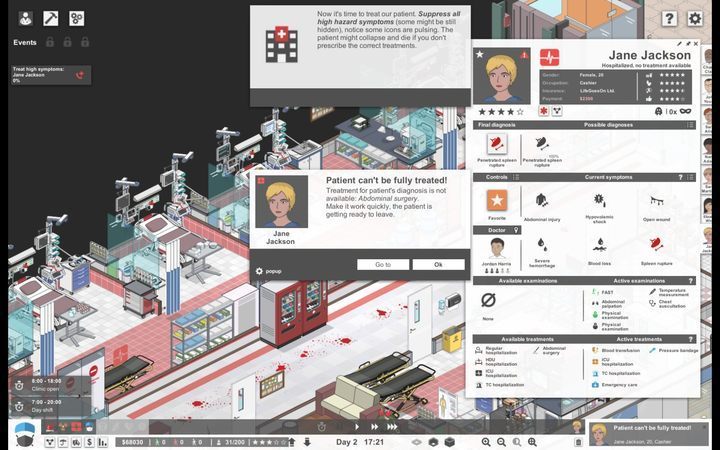 The picture shows a patient card - this is where you can take control of the treatment, or set the patient on your quick bar. - Interface description for Project Hospital - Basics - Project Hospital Guide