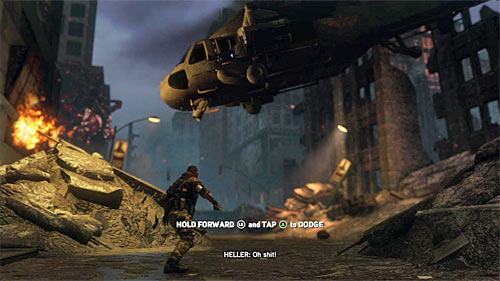 After few moments the game will start a cut-scene, showing Mercers attack on Blackwatch helicopter and your task is to avoid being killed - [Main mission 1] Meet Your Maker | Main missions - Main missions - Prototype 2 Game Guide