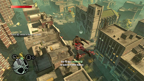 The next missions objective is to get inside the church in location [281, 1196] and you may use the glide option by holding the right trigger - [Main mission 3] The Strong Survive | Main missions - Main missions - Prototype 2 Game Guide