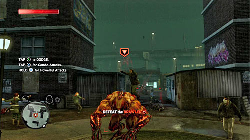 Lean the left analog stick toward monster (up) and then press A button, so that Heller should jump over Brawler (screen above) - [Main mission 4] Operation Flytrap | Main missions - Main missions - Prototype 2 Game Guide