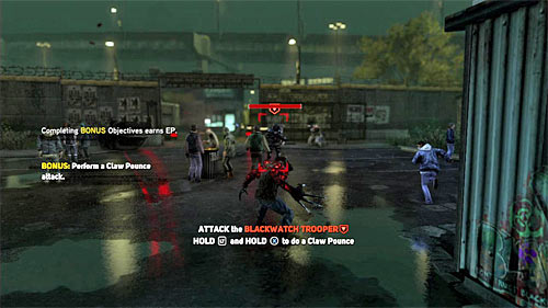 Blackwatch soldiers will soon appear in the area and the game will suggest you testing a new attack named Claw Pounce, connected with claws - [Main mission 4] Operation Flytrap | Main missions - Main missions - Prototype 2 Game Guide