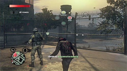 Check out the brief information on enemy alert indicator and then move to the guard standing nearby and consume him (button B and button Y) - [Main mission 5] Brain Drain | Main missions - Main missions - Prototype 2 Game Guide