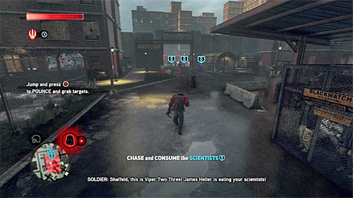 Head to the base exit (screen above), ignoring Blackwatch soldiers and focusing only on getting scientists - [Main mission 5] Brain Drain | Main missions - Main missions - Prototype 2 Game Guide