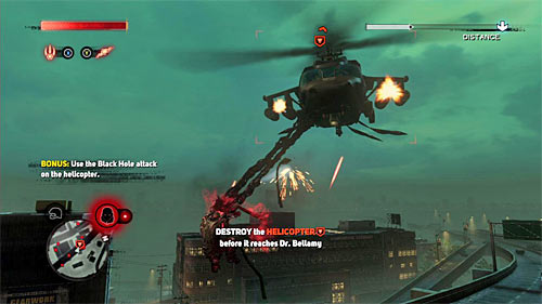 You can destroy the helicopter in many ways, but if you want to complete the bonus mission objective, you have to attack it at least once with Black Hole attack (hold Y button) - [Main mission 8] The Lab Rat | Main missions - Main missions - Prototype 2 Game Guide