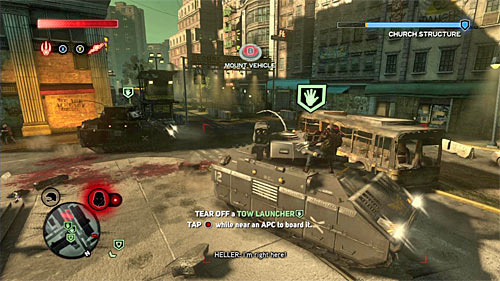 A game will show you now, how to use freshly unlocked move: tearing off TOW launchers, mounted on APCs - [Main mission 9] Salvation | Main missions - Main missions - Prototype 2 Game Guide