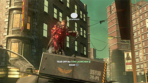 Press X button (Weaponize action) to grab the TOW launcher and start rhythmically pressing the same button, thus tearing off the launcher after few moments - [Main mission 9] Salvation | Main missions - Main missions - Prototype 2 Game Guide