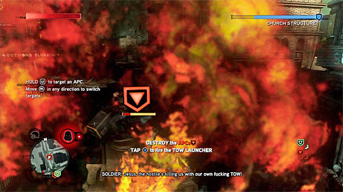 Stay on the armored vehicle, aim at it (left trigger) and shoot with the TOW launcher two rockets, which should result in destroying the vehicle - [Main mission 9] Salvation | Main missions - Main missions - Prototype 2 Game Guide