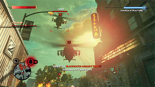A newly obtained launcher can be best used not to destroy the APC, but two helicopters flying towards the church (screen above) - [Main mission 9] Salvation | Main missions - Main missions - Prototype 2 Game Guide