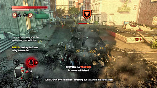 I strongly recommend using hammerfist to destroy both tanks, because this is a condition to complete bonus objective - [Main mission 17] A Nest of Vipers | Main missions - Main missions - Prototype 2 Game Guide