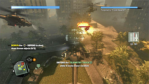 The truck is parked in location [681, 141] and in order to defend it, you should use helicopters weapons - [Main mission 23] Predator and Prey | Main missions - Main missions - Prototype 2 Game Guide