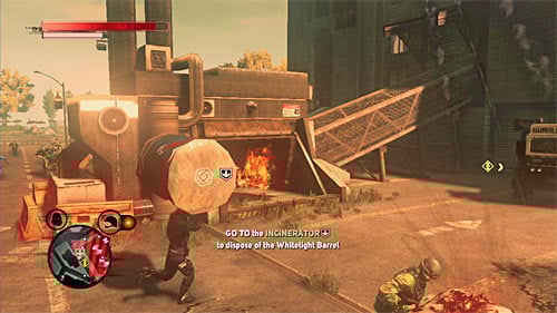 The incinerator is in location [394, 309] and I recommend using the long jump towards it, thus reducing chances of attack by brawlers - [Main mission 24] Burned from Memory | Main missions - Main missions - Prototype 2 Game Guide