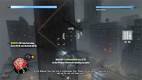 Ascend to the altitude similar to commander Elliss helicopter (right trigger) and follow him - [Main mission 26] Fly in the Ointment | Main missions - Main missions - Prototype 2 Game Guide