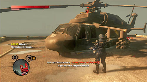 This mission is divided in few parts, and the first task is to destroy four helicopters on the nearby landing pad - [Main mission 28] Operation Firehawk | Main missions - Main missions - Prototype 2 Game Guide