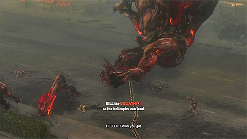 Once the heads energy bar is empty, attack one of the lower limbs of goliath indicated by the game - [Main mission 29] Lost in the System | Main missions - Main missions - Prototype 2 Game Guide