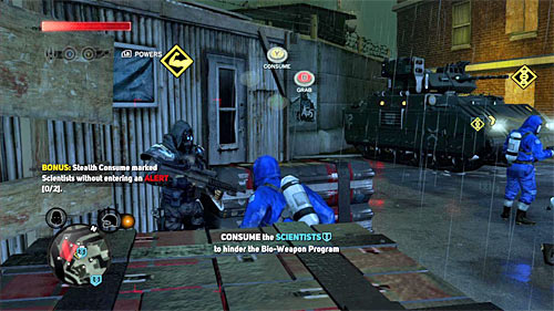 After reaching the first group of scientists, shapeshift, so you can approach them - [Blacknet mission 4] Operation: Manticore | Blacknet missions - Blacknet missions - Prototype 2 Game Guide