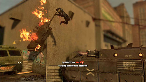 If during advance to the next experience level, youve unlocked finisher connected with APCs, you can use it now by jumping on the machine (B button) and making it explode (Y button; screen above) - [Blacknet mission 7] Operation: Red Glacier | Blacknet missions - Blacknet missions - Prototype 2 Game Guide