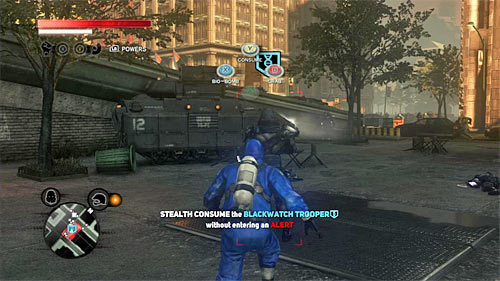 Wait until the Blackwatch soldier is not observed by anyone (or create such situation) and then approach him to consume him - [Blacknet mission 9] Operation: Spotted Cat - p. 1 | Blacknet missions - Blacknet missions - Prototype 2 Game Guide