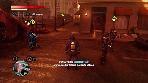 The scientist in the middle is observed by alone Blackwatch soldier, so approach him first and consume him - [Blacknet mission 9] Operation: Spotted Cat - p. 1 | Blacknet missions - Blacknet missions - Prototype 2 Game Guide