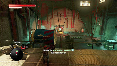 Each barrel has to be picked up and thrown (B button) to the incinerator (you can do it from the upper balcony) - [Blacknet mission 9] Operation: Spotted Cat - p. 1 | Blacknet missions - Blacknet missions - Prototype 2 Game Guide