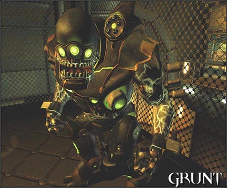 From the beginning of the game, Grunts accompany evil Stroggos in defending the base from human's attack - Grunt - Enemies - Quake 4 - Game Guide and Walkthrough