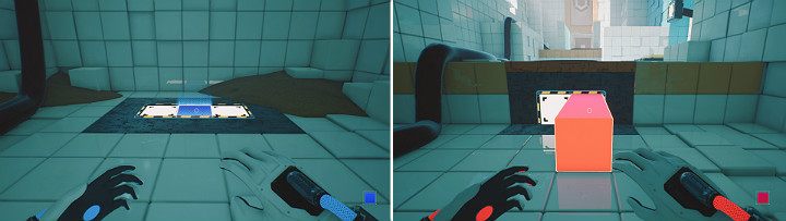 Create a blue cube to be able to jump to the elevation and pull the orange cube out of the wall, creating a step - QUBE 2 - Chapter 5 - Tangled (The Machine) - Walkthrough - Q.U.B.E. 2 Game Guide