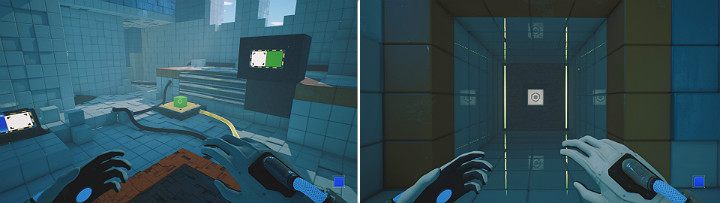 While standing on the crane, look in the direction of the green cube lying on top of the button - QUBE 2 - Chapter 5 - Tangled (The Machine) - Walkthrough - Q.U.B.E. 2 Game Guide