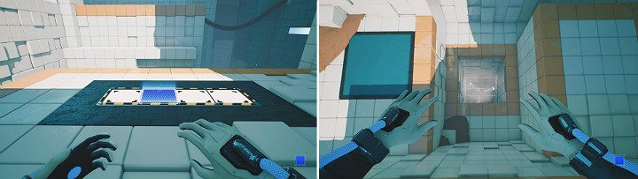 Activate the blue cube on the panel, jump up into the air and let the fan do the rest of the job - QUBE 2 - Chapter 5 - Tangled (The Machine) - Walkthrough - Q.U.B.E. 2 Game Guide