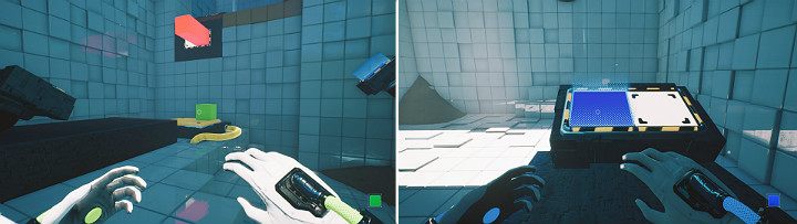 Pull the green cube out of the wall, causing it to fall on the large button - QUBE 2 - Chapter 5 - Tangled (The Machine) - Walkthrough - Q.U.B.E. 2 Game Guide