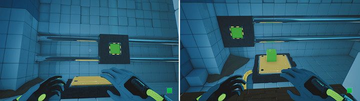 The crane will start moving to the left side and your task will be to pull the green cube out of the wall at the right moment, causing it to fall on the large button - QUBE 2 - Chapter 5 - Tangled (The Machine) - Walkthrough - Q.U.B.E. 2 Game Guide