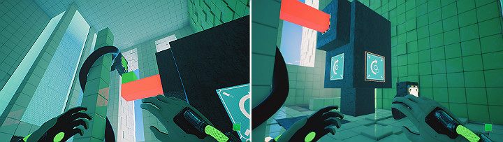 Create a green cube on the upper panel and drop it down on the previously created orange cube - QUBE 2 - Chapter 6 - Fragile Dreams - Walkthrough - Q.U.B.E. 2 Game Guide