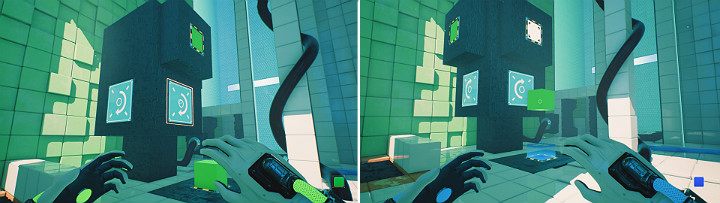 Press the panel of the object to rotate it to the left side and activate the blue cube located below the green one in such a way that the green cube starts bouncing like on a trampoline - QUBE 2 - Chapter 6 - Fragile Dreams - Walkthrough - Q.U.B.E. 2 Game Guide